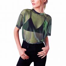 Aphrodite Home Women T-Shirt Sexy Perspective Mesh Hollow Out Lace Short Sleeve O-Neck Casual See-through Transparent Crop Tops