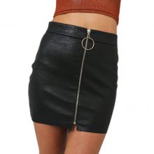 New Office Lady Zipper Up Faux Leather Skirts Intellectual Sexy Metal Ring zipper Hip Tight Sexy Pu Mini Skirt