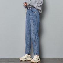 Cotton Straight Jeans Woman Elasticity High Waist Jeans woman plus size mom jeans blue New Loose harem pants hot sale