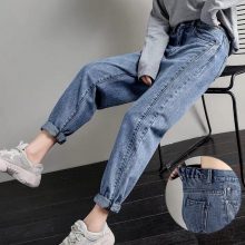 Cotton Straight Jeans Woman Elasticity High Waist Jeans woman plus size mom jeans blue New Loose harem pants hot sale