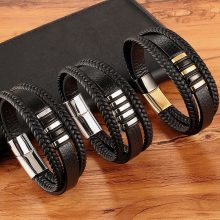 New 3 Layers Black Gold Punk Style Design Genuine Leather Bracelet for Men Steel Magnetic Button Birthday Gift Male Bracelets